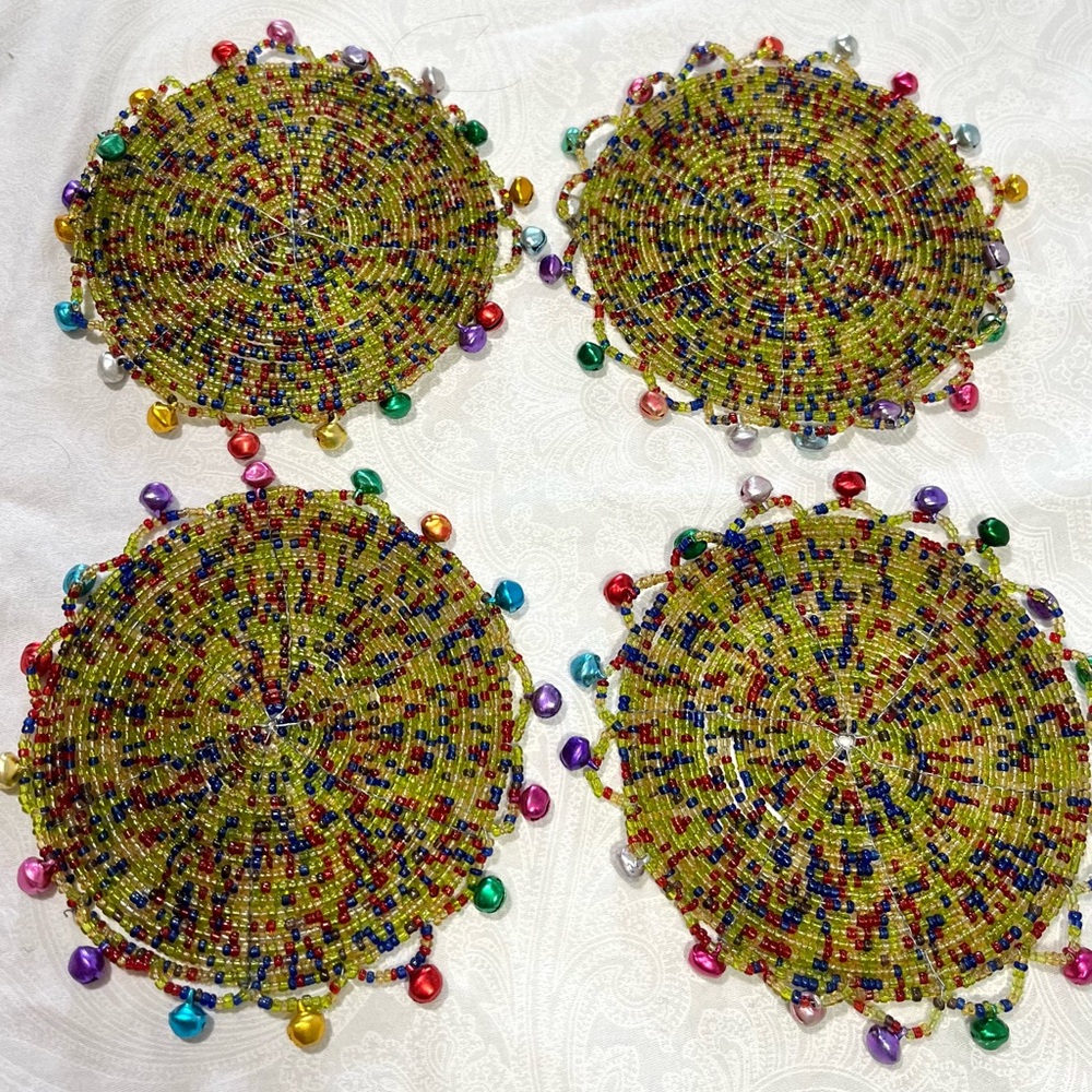 4 Pier 1 Imports Seed Beaded Bells Round Coasters Boho